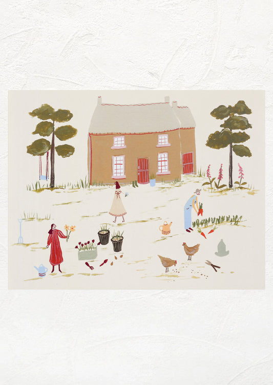 An art print of whimsical illustration of people working on a farm in the country.