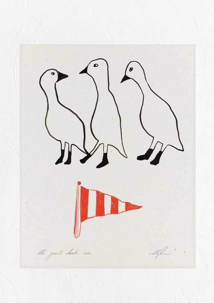 An art print of sketch drawing of ducks with red stripe racing flag.