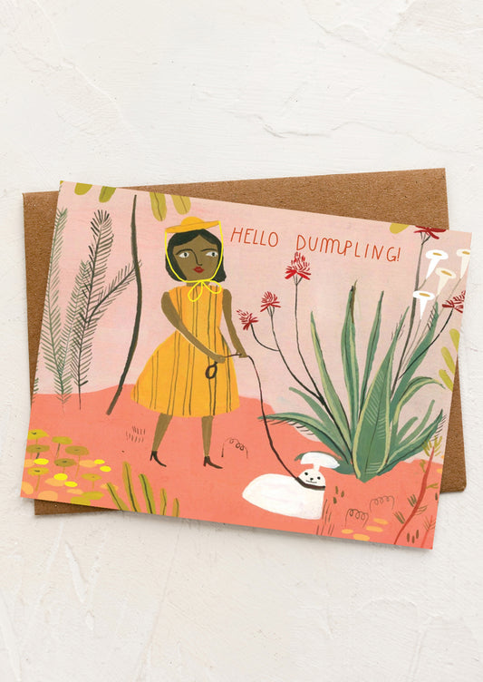 A card with weird illustration reading "Hello dumpling".