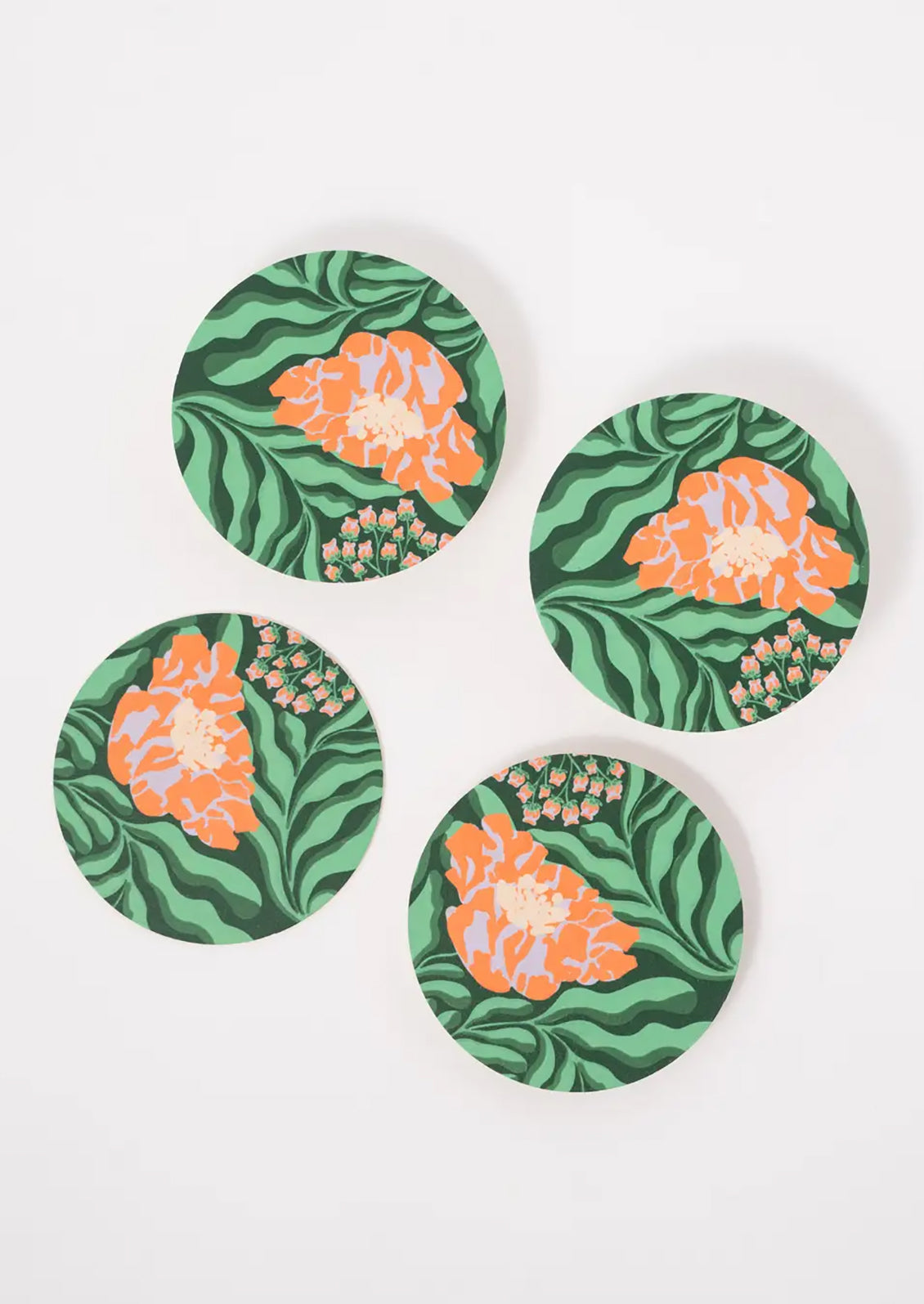 A set of 4 paper coasters with a floral garden design.