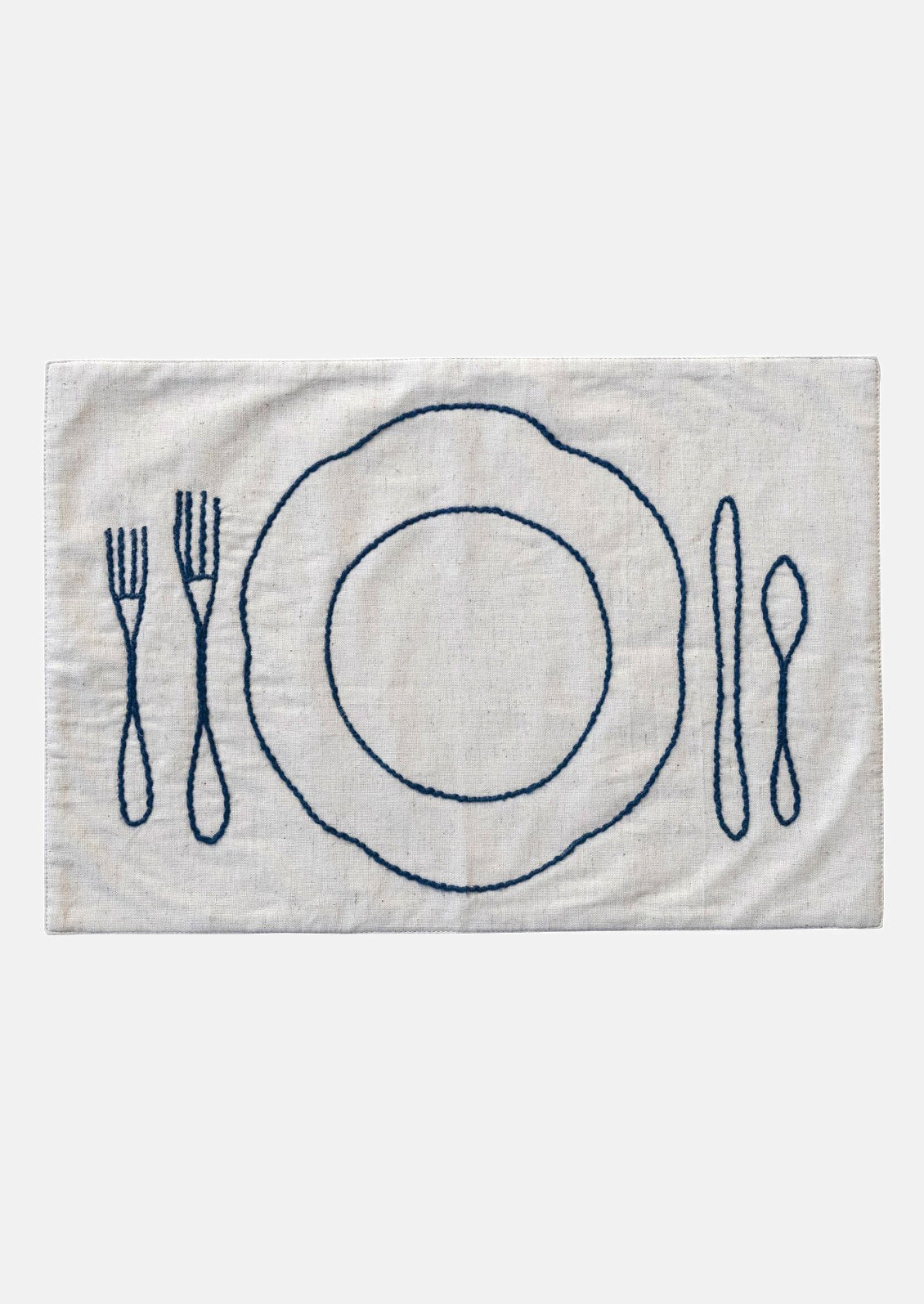 An off-white linen-cotton placemat with navy blue plate and silverware embroidery.