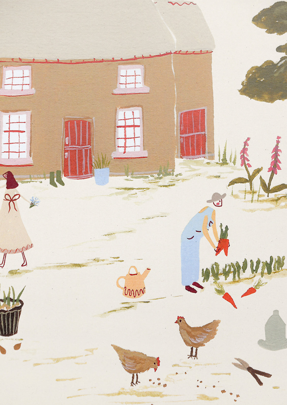 An art print of whimsical illustration of people working on a farm in the country.