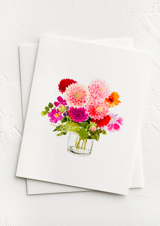 A greeting card with illustration of dalia flowers in a vase.