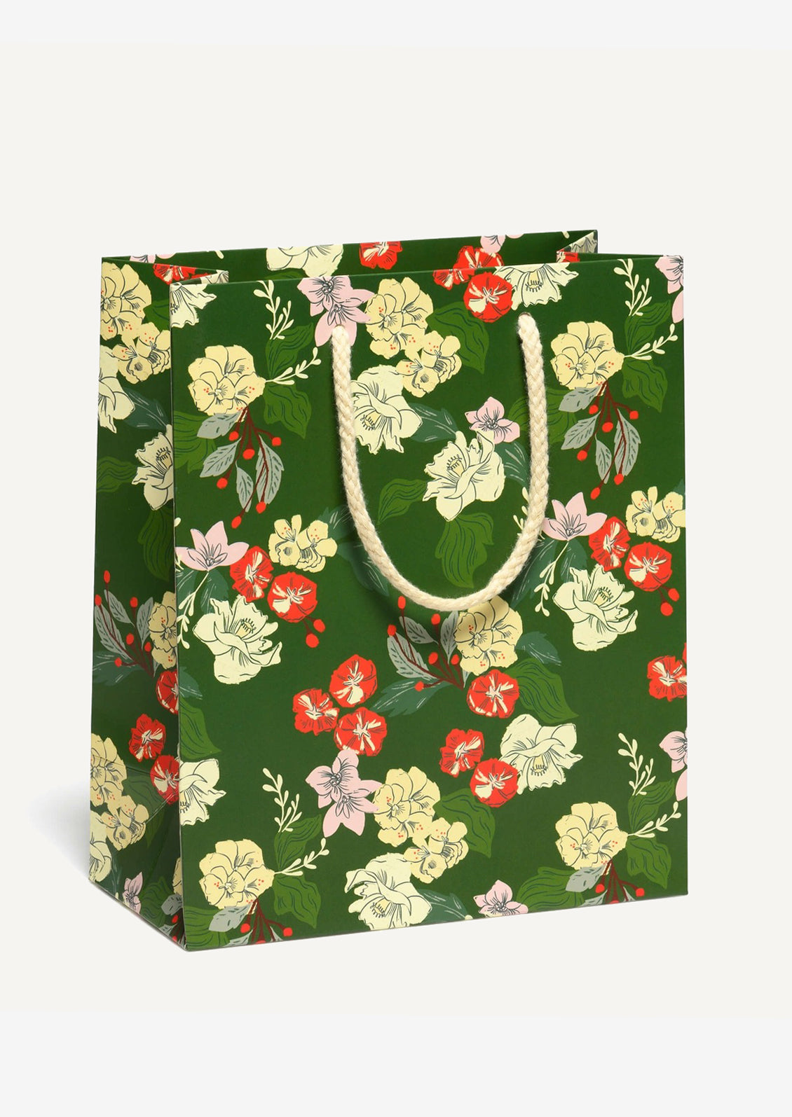 A medium printed gift bag in green with red and cream floral print.