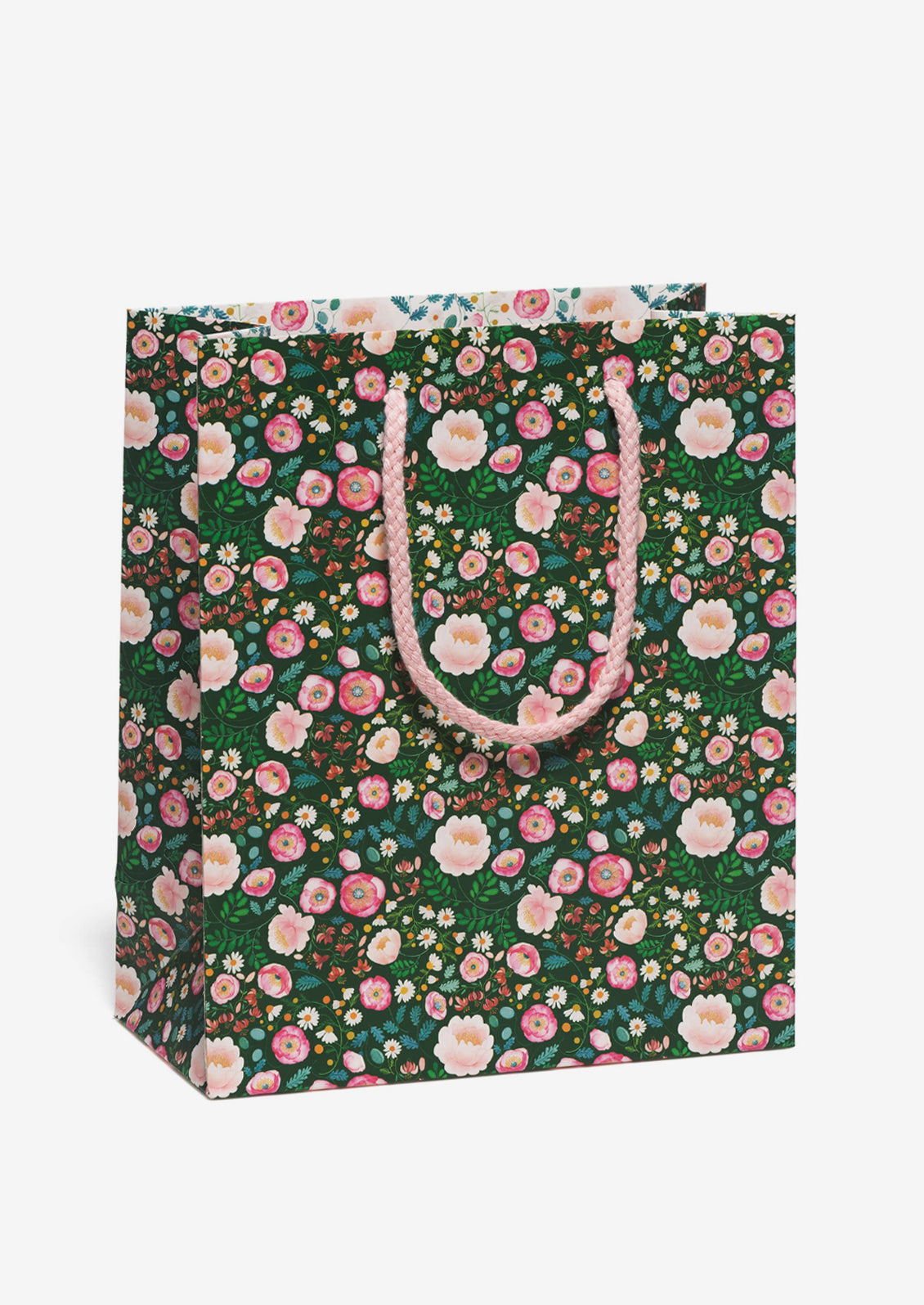 A printed gift bag with pink floral print on dark green background.