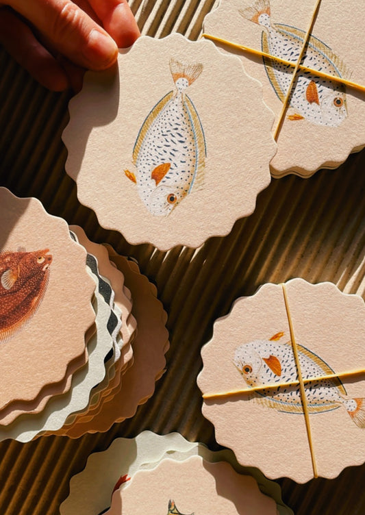 A set of scalloped edge paper coasters with 10 different fish prints.