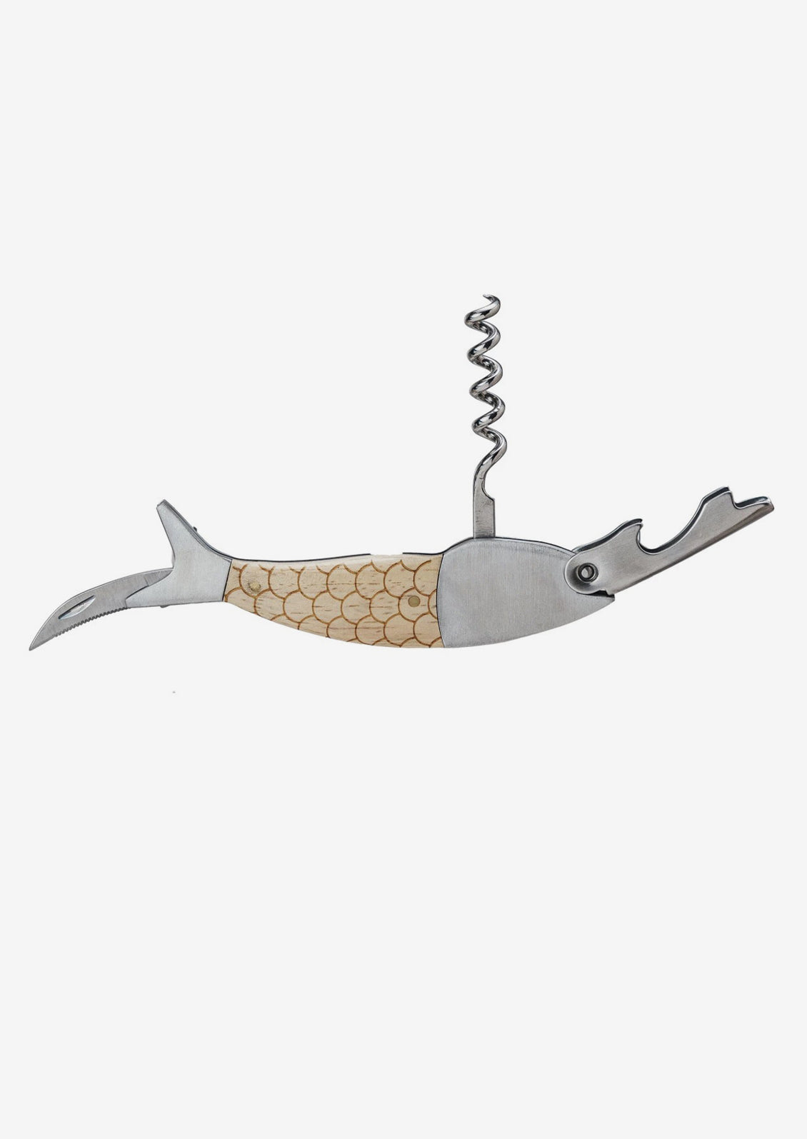 A fish shaped corkscrew/wine bottle opener with oak wood handle.