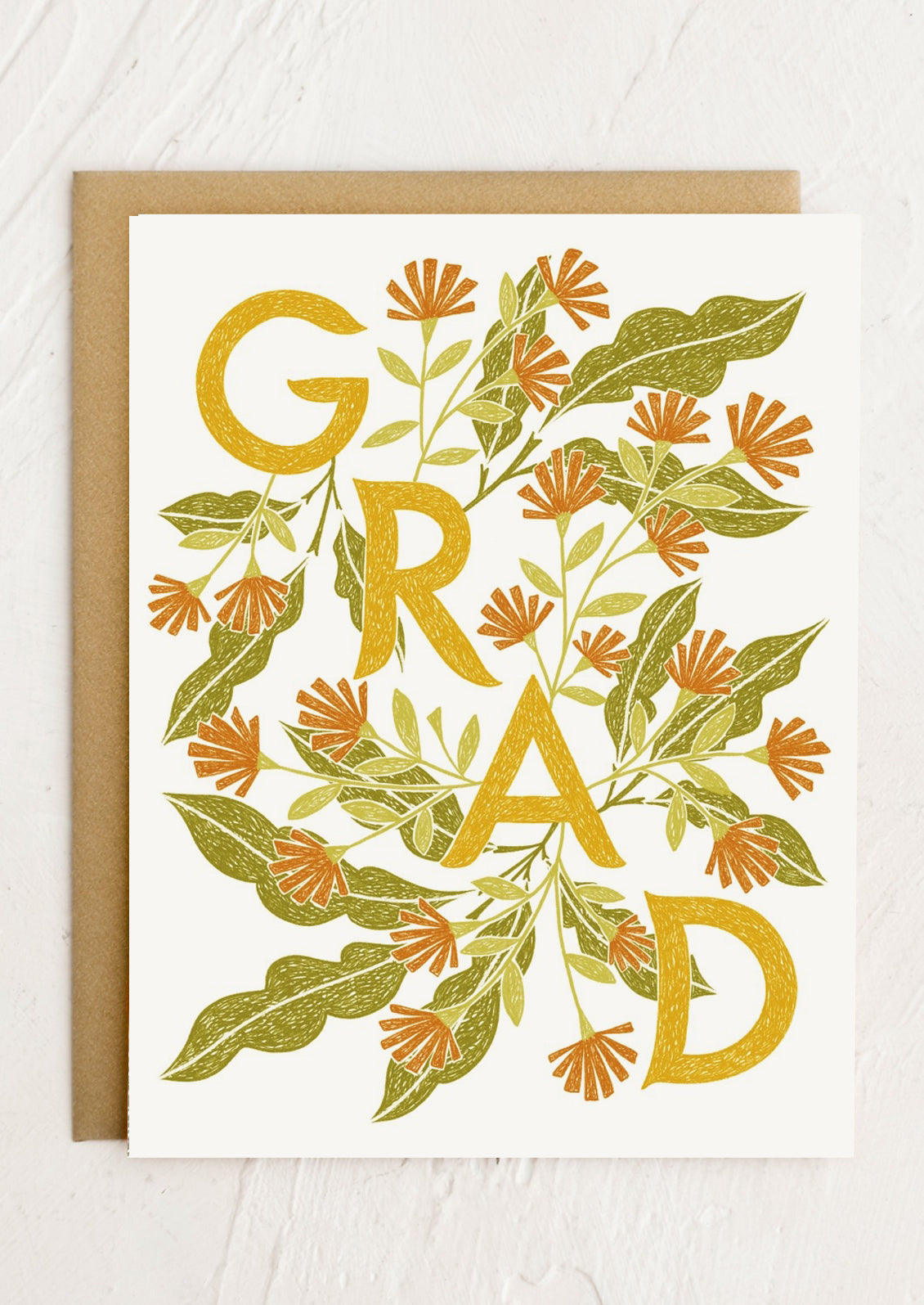 A floral print card reading "GRAD".