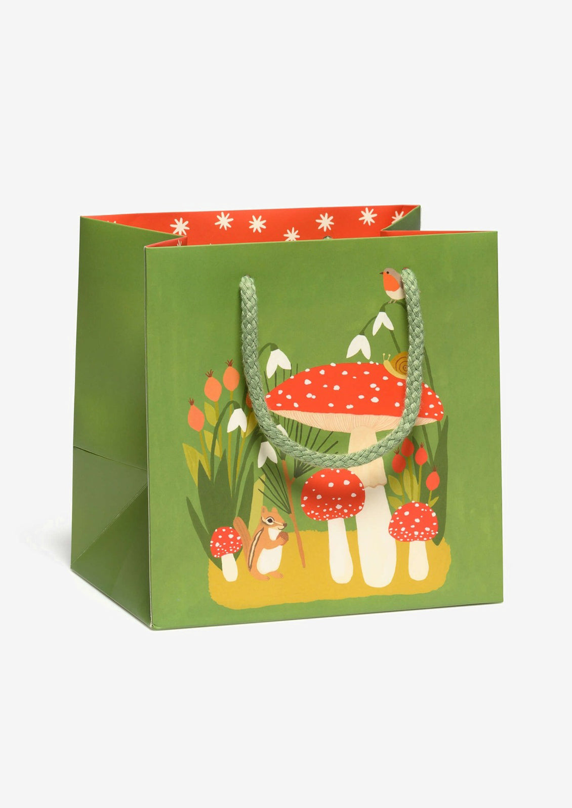 A small printed gift bag in green with squirrel and mushroom print.