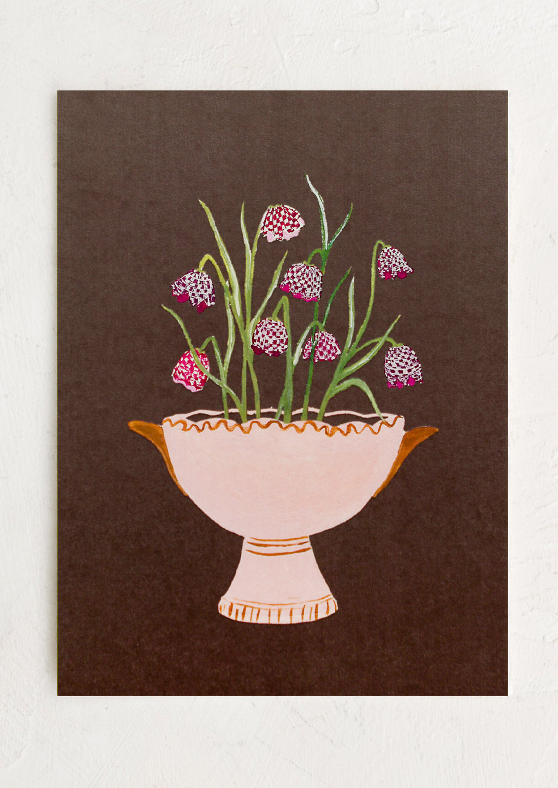 An art print of illustration of frittalaria flowers in pink pot, on dark brown background.