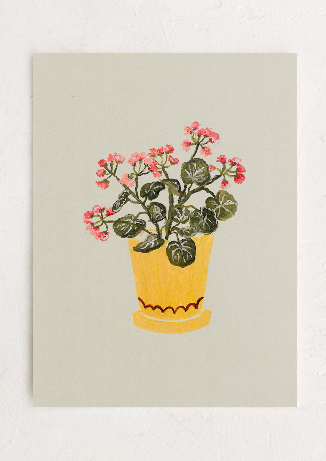 An illustrated art print of geraniums in yellow pot on mint green background.