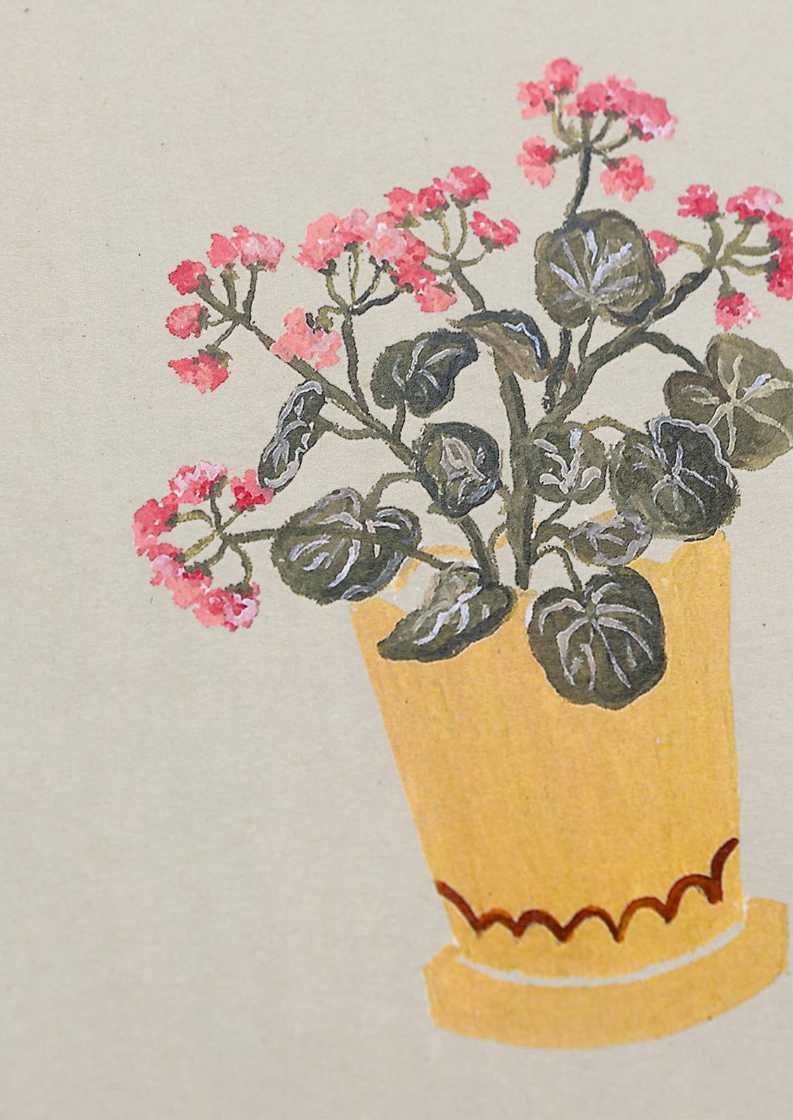 An illustrated art print of geraniums in yellow pot on mint green background.