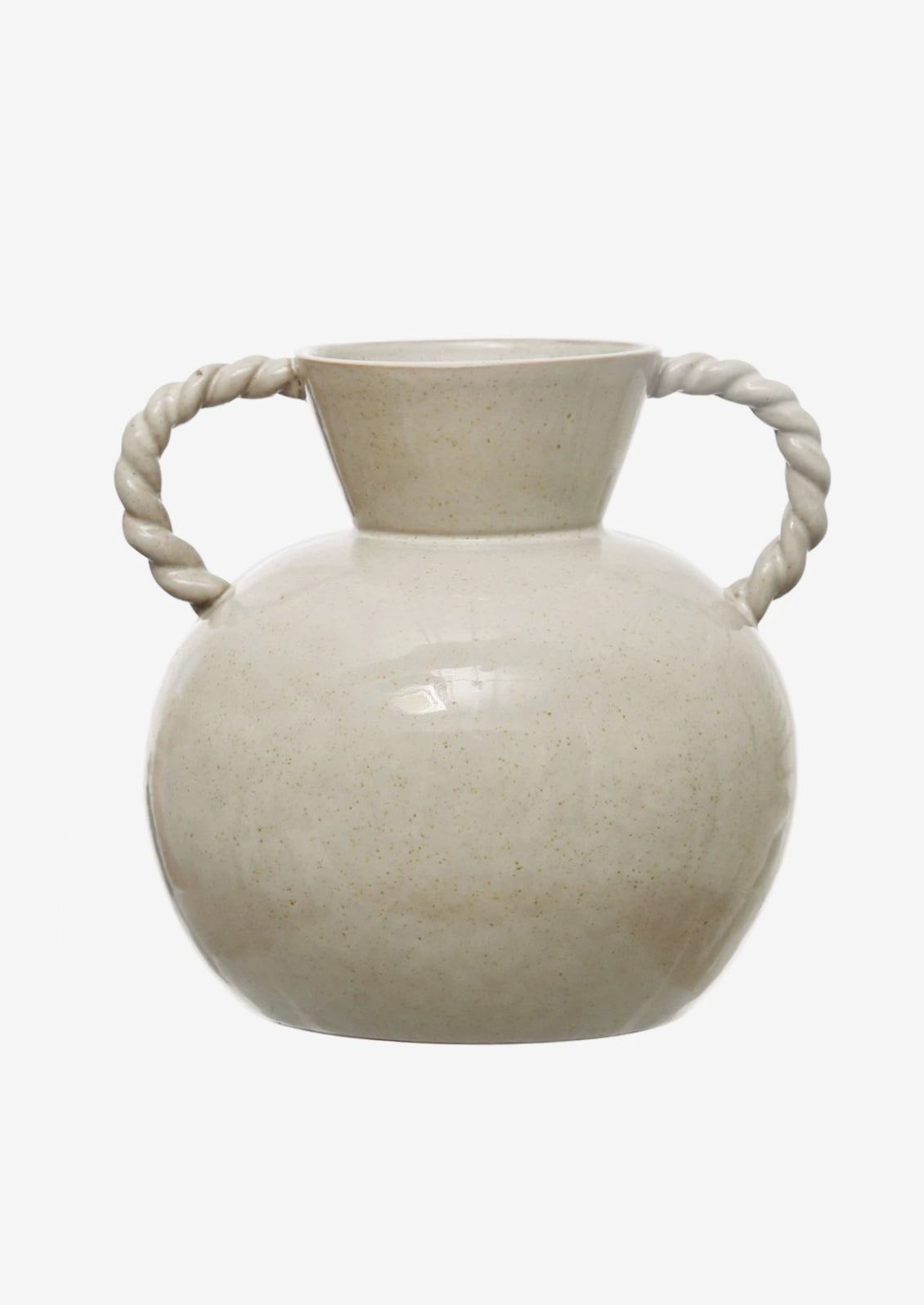 A white ceramic vase with twisted rope shape handles.