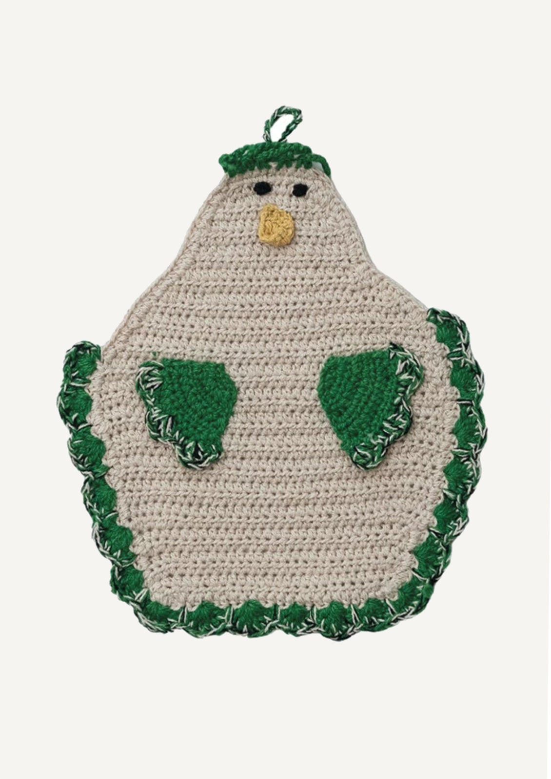 A crocheted potholder in the shape of a chicken, with green detailing.