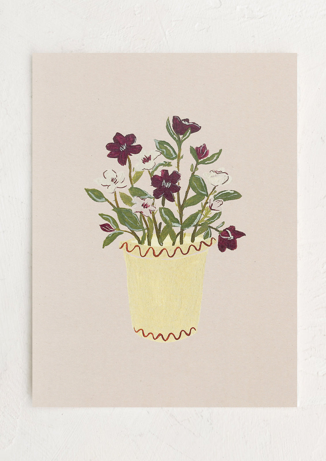 An illustrated art print of hellebore flowers in yellow pot.