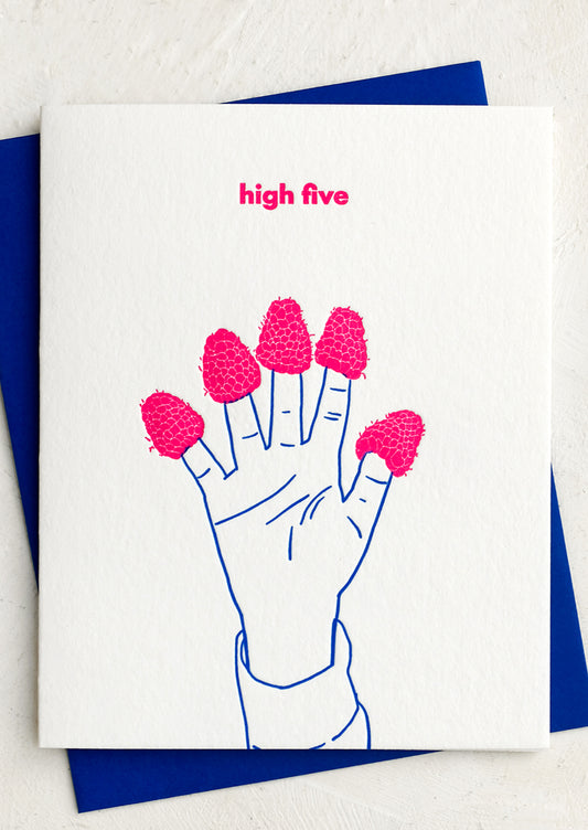 A card reading "High five" with image of hand with raspberries on fingers.