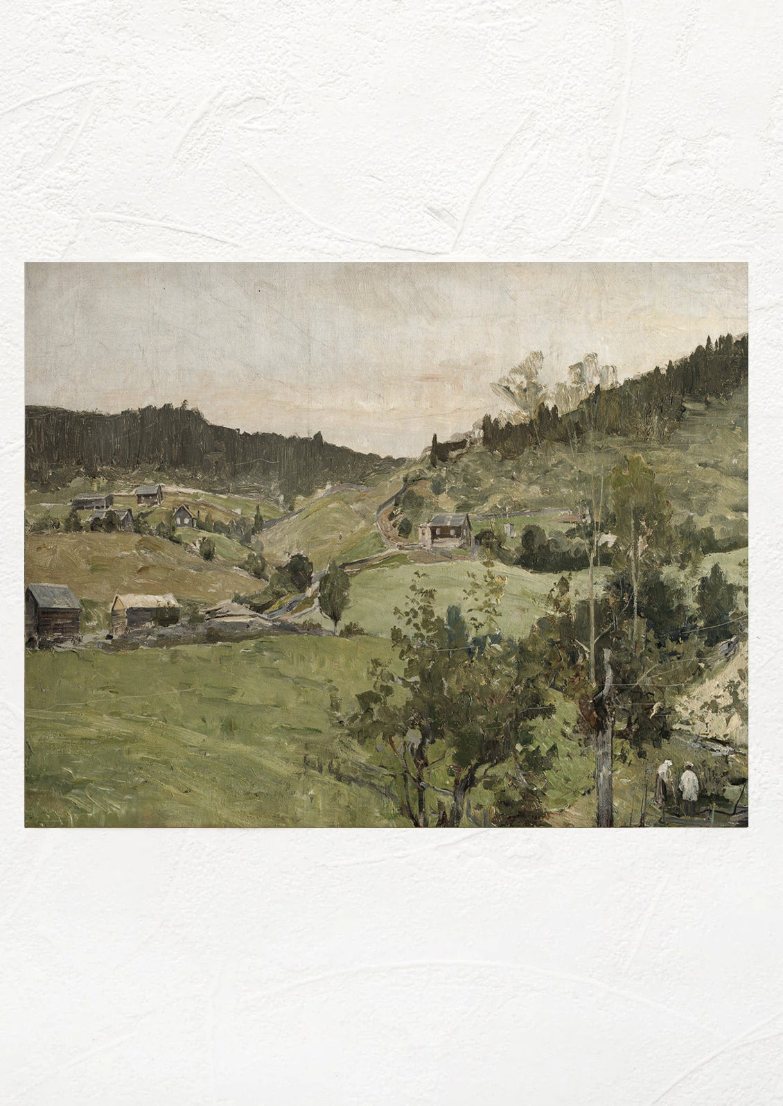 A vintage reproduction print of hilly landscape.