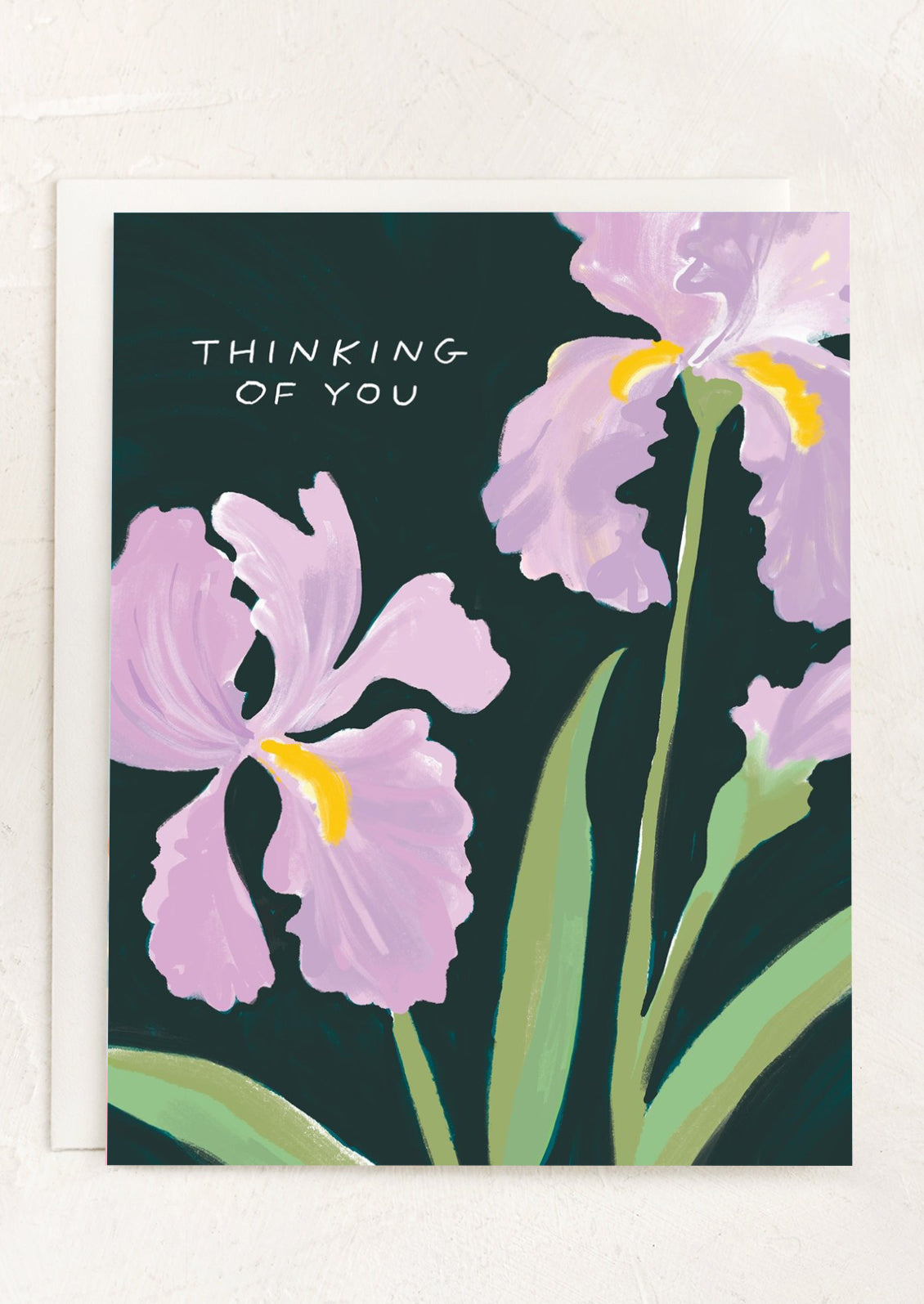 An iris print card, text reads "Thinking of you".