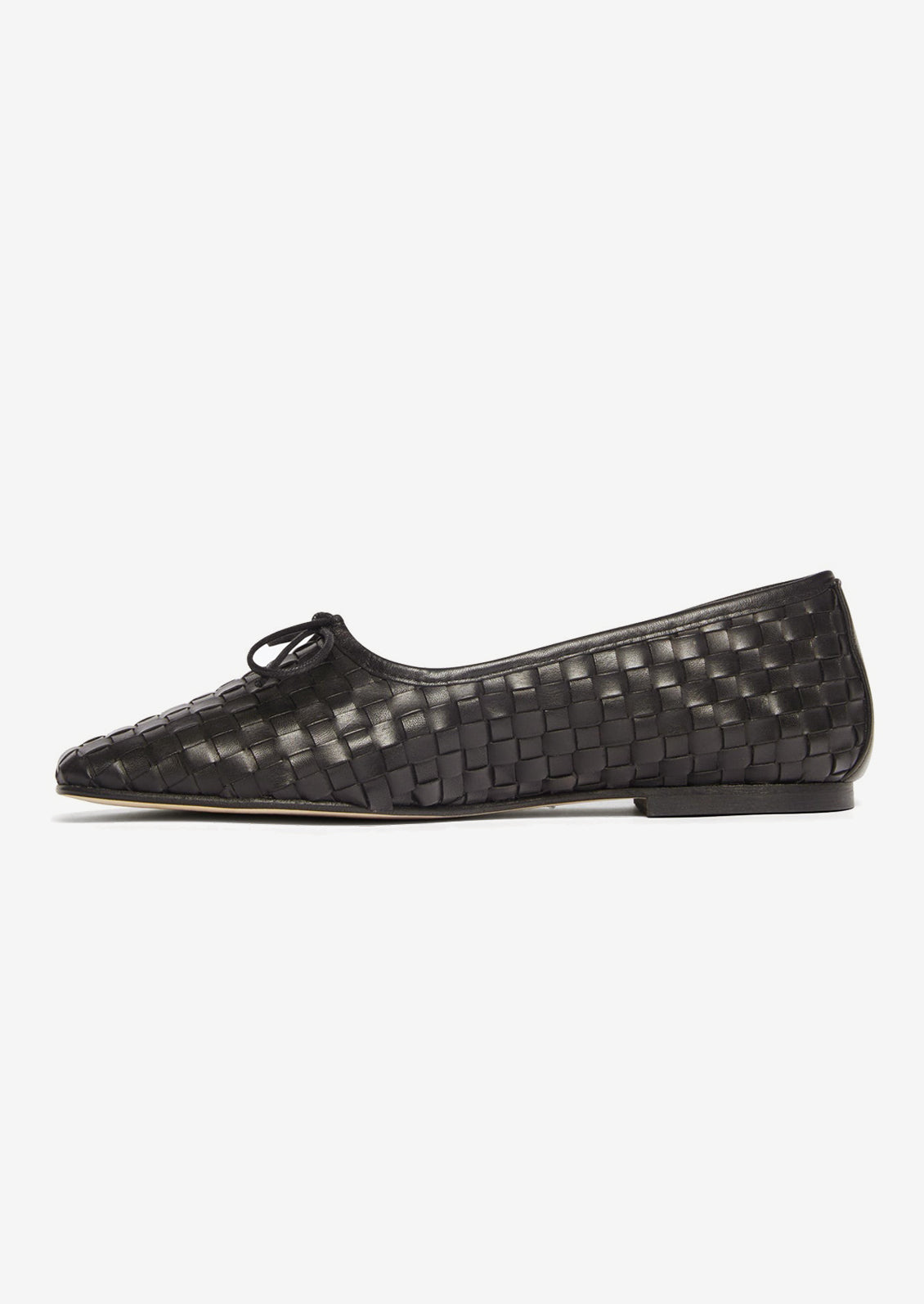 A pair of square toe ballet flats with bow tie in black woven leather.