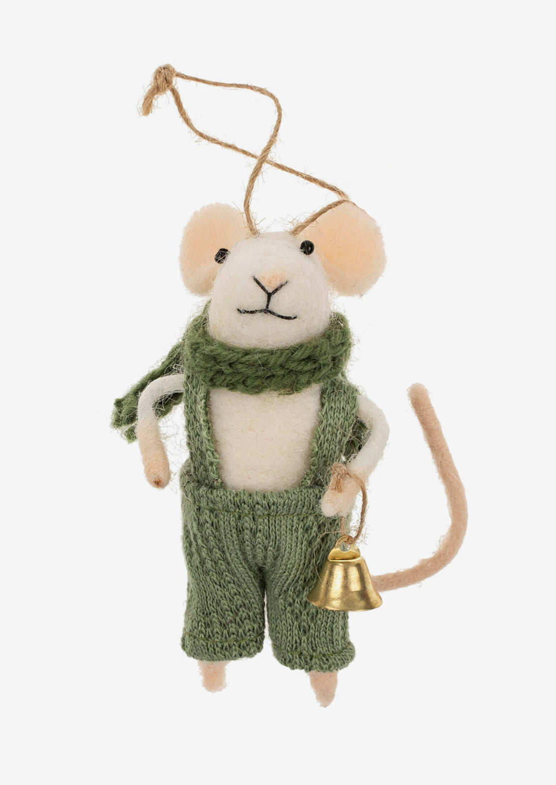 A felted white mouse ornament wearing green jumper and carrying gold bell.