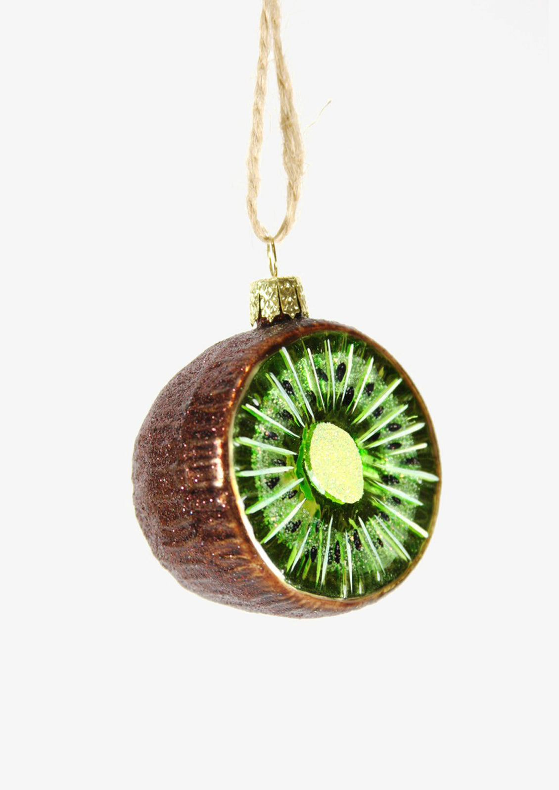 A glass ornament of a sliced kiwi.