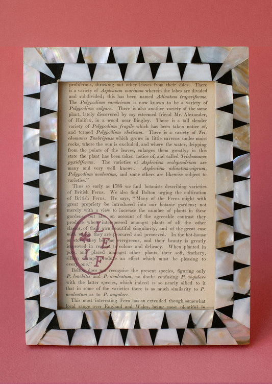 A black picture frame with geometric mother of pearl inlay.