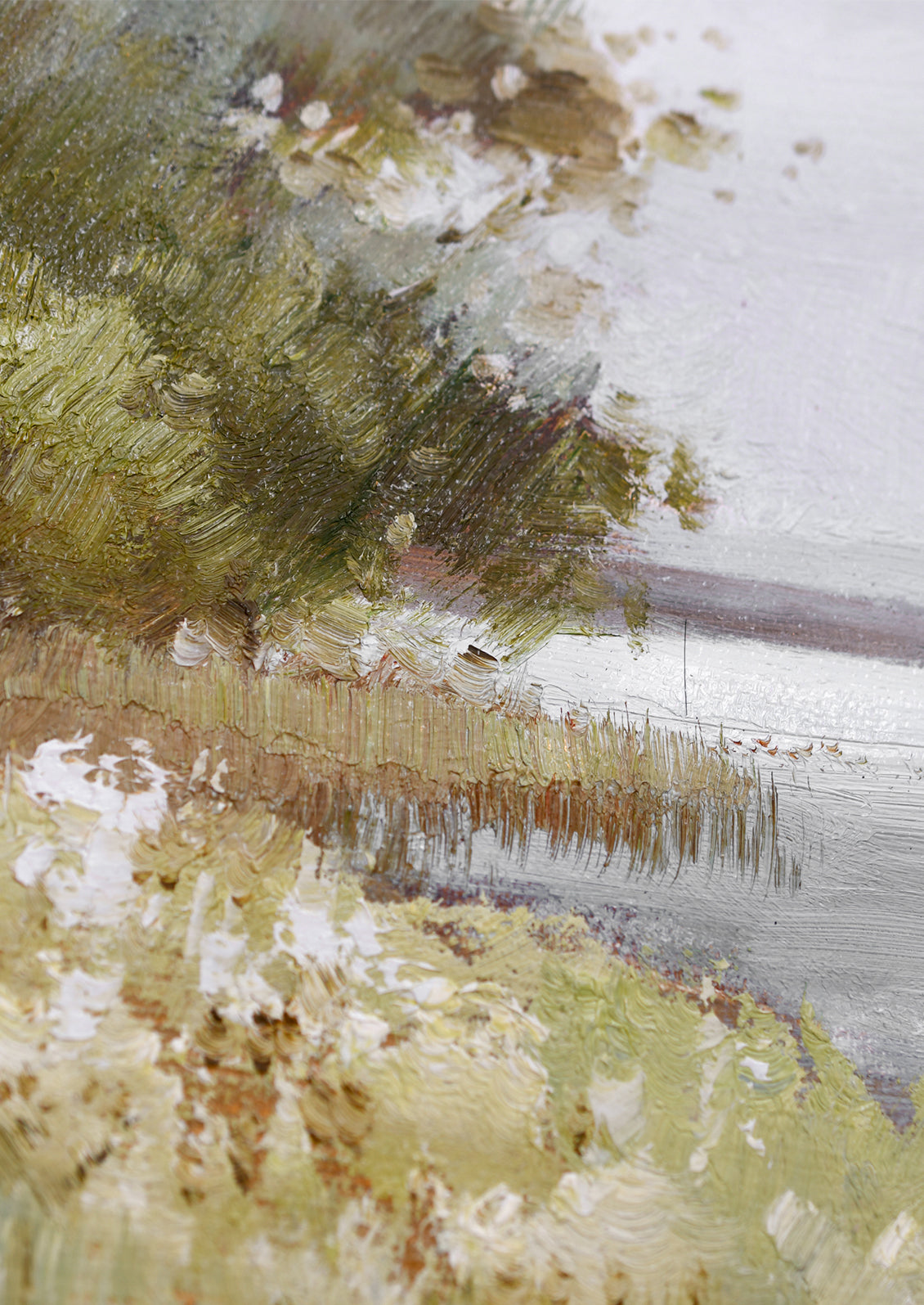 An original oil painting on unstretched canvas of a lake viewed from land.