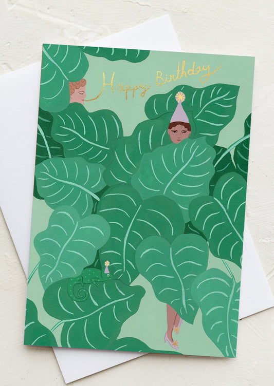 An illustrated leaf print card reading "happy birthday".