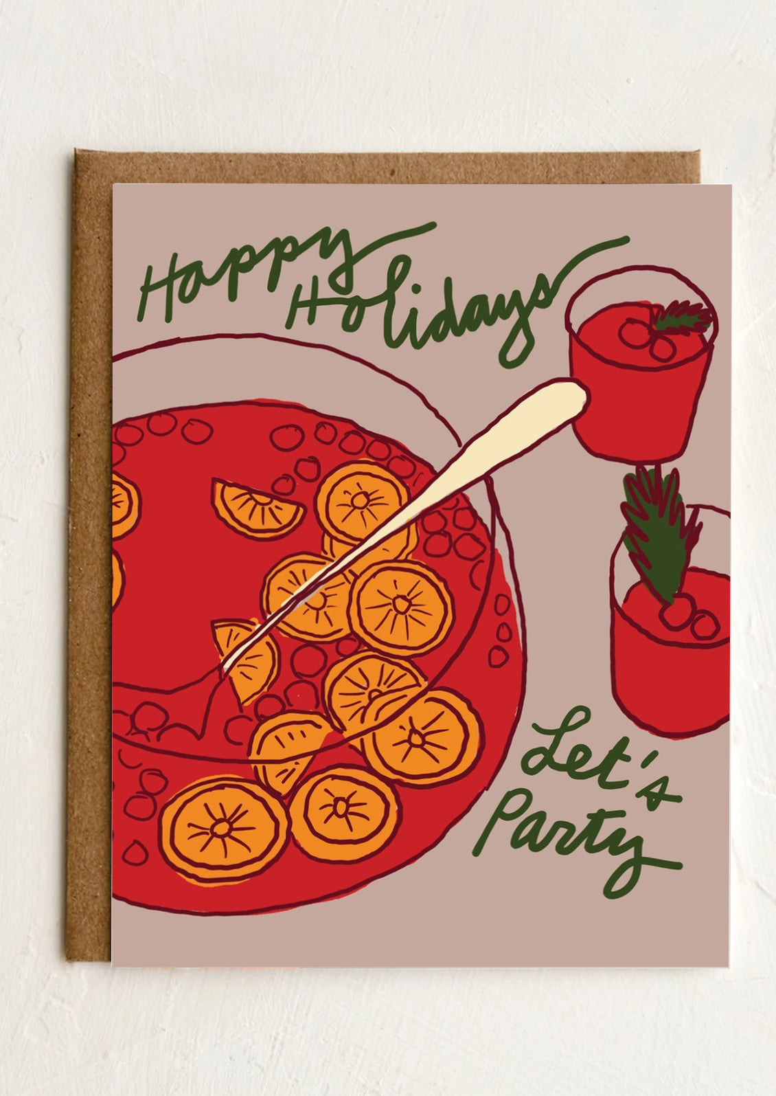 A card with illustration of punch bowl, text reads "Happy Holidays Let's Party".