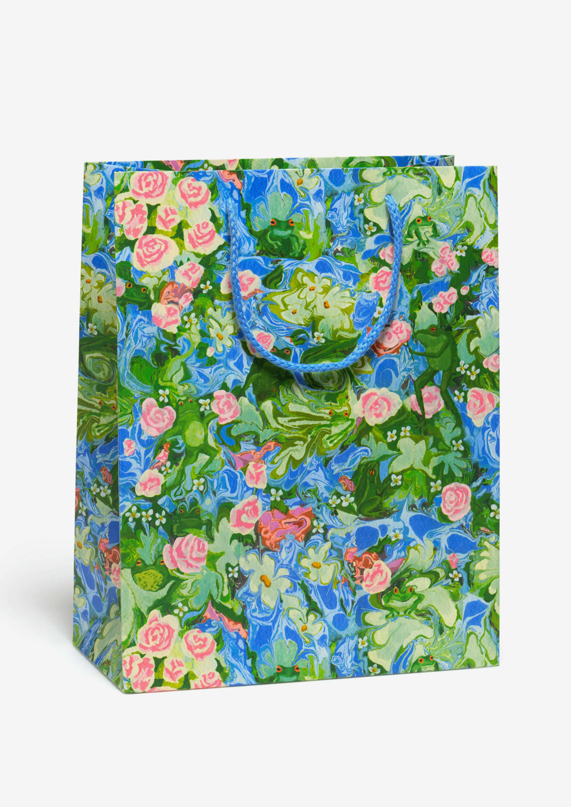 A printed gift bag with frog and lily pad print.