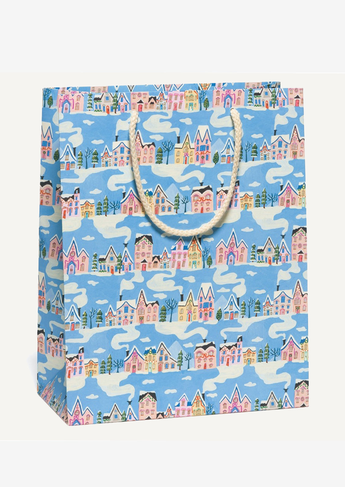 A large printed gift bag in light blue with winter house print.