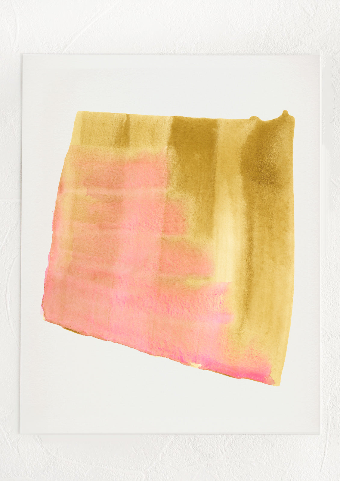 An abstract watercolor art print with asymmetrical form in shades of ochre and pink.