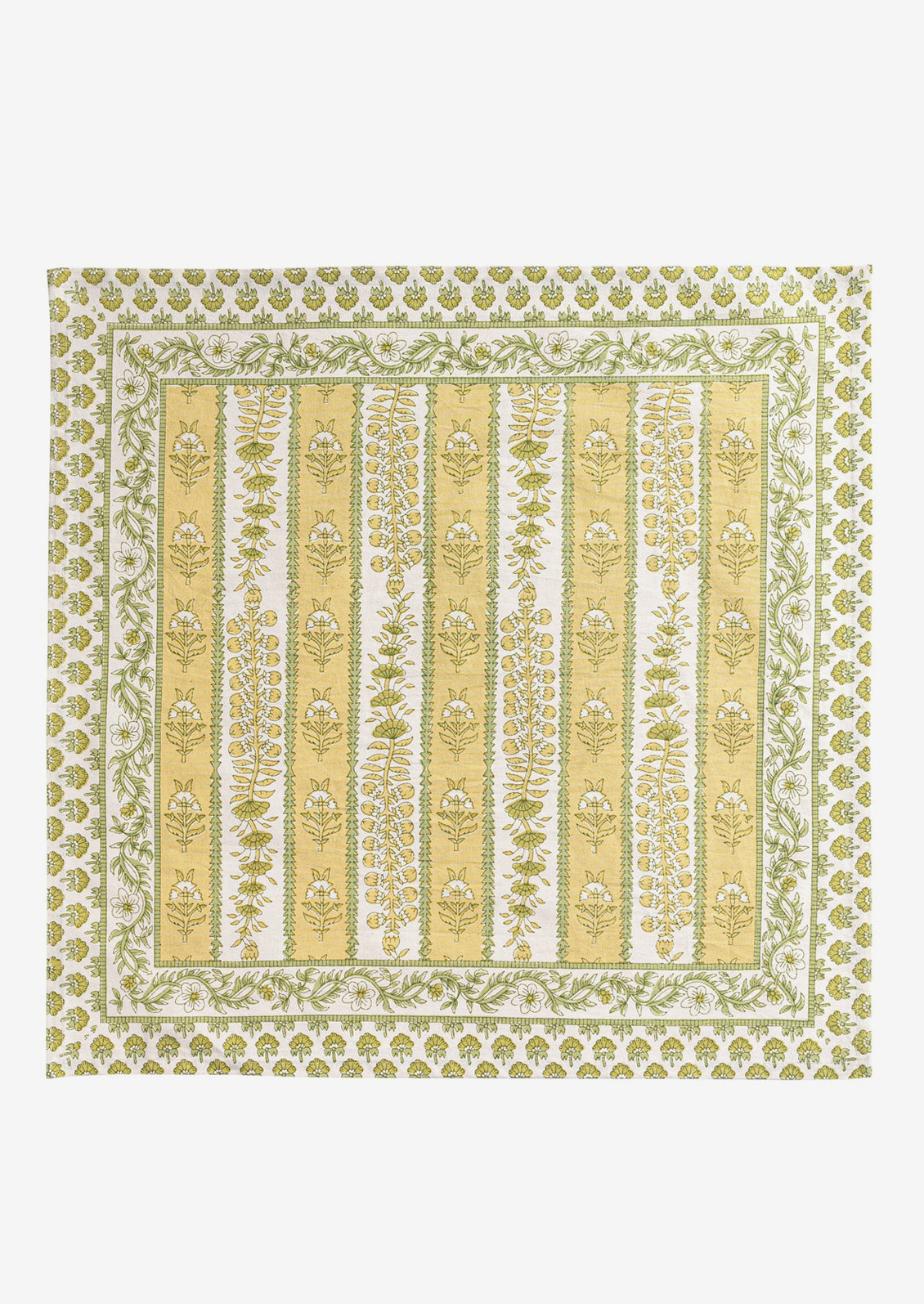 A set of green and yellow floral print napkins.