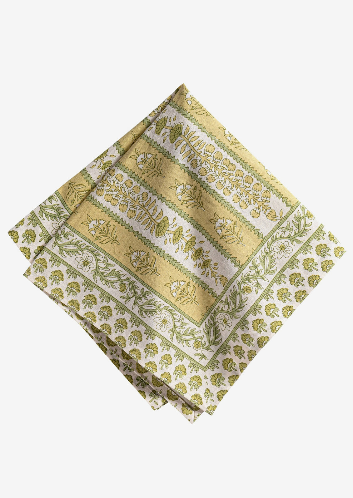 A set of green and yellow floral print napkins.