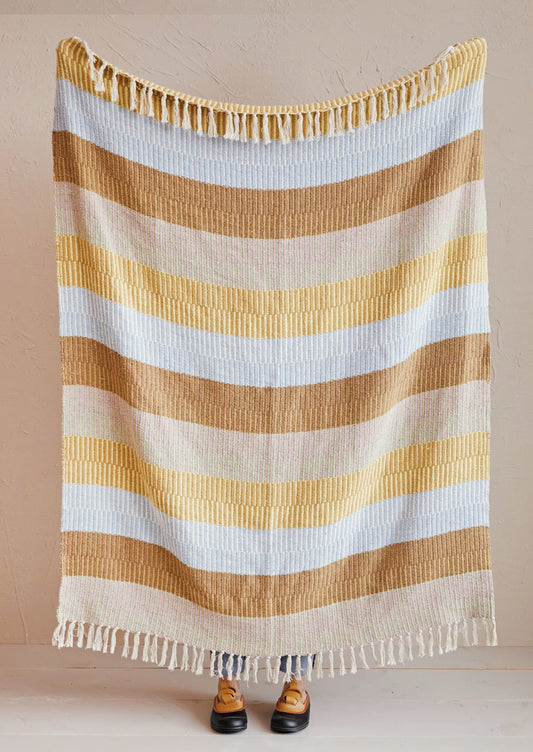 A person holding up a striped throw blanket in pastel tones.