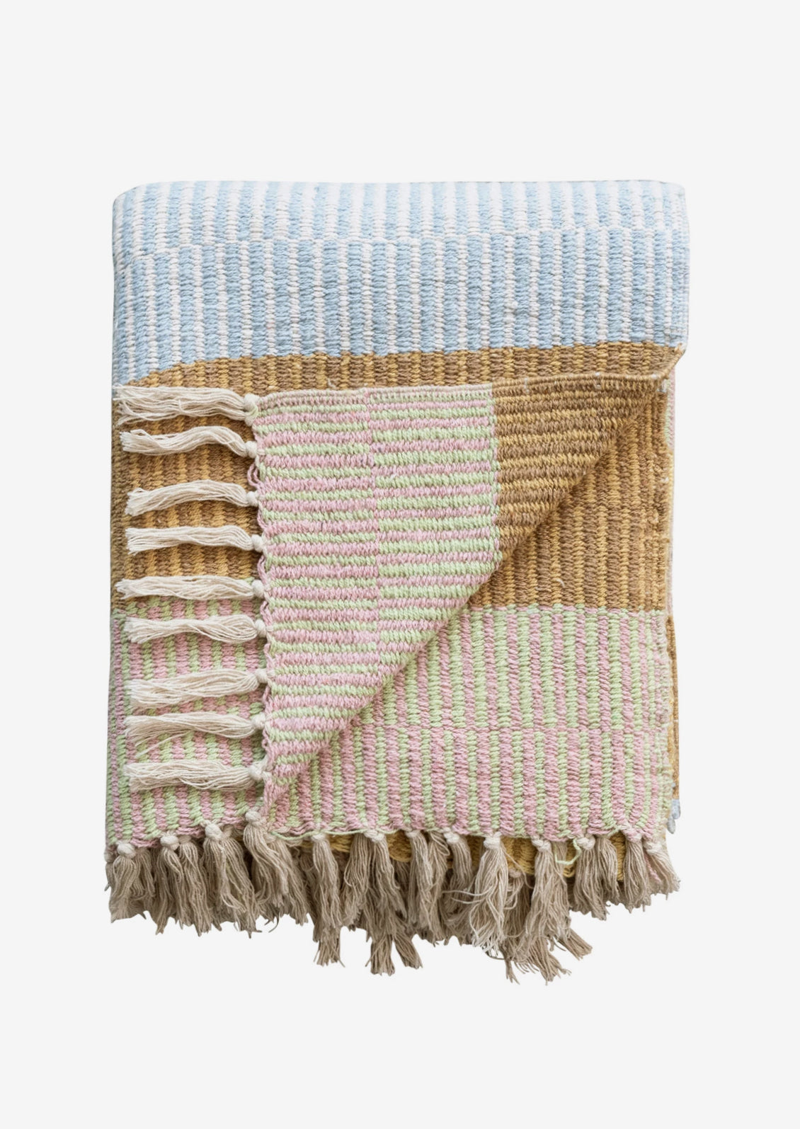 A striped throw blanket in pastel tones.