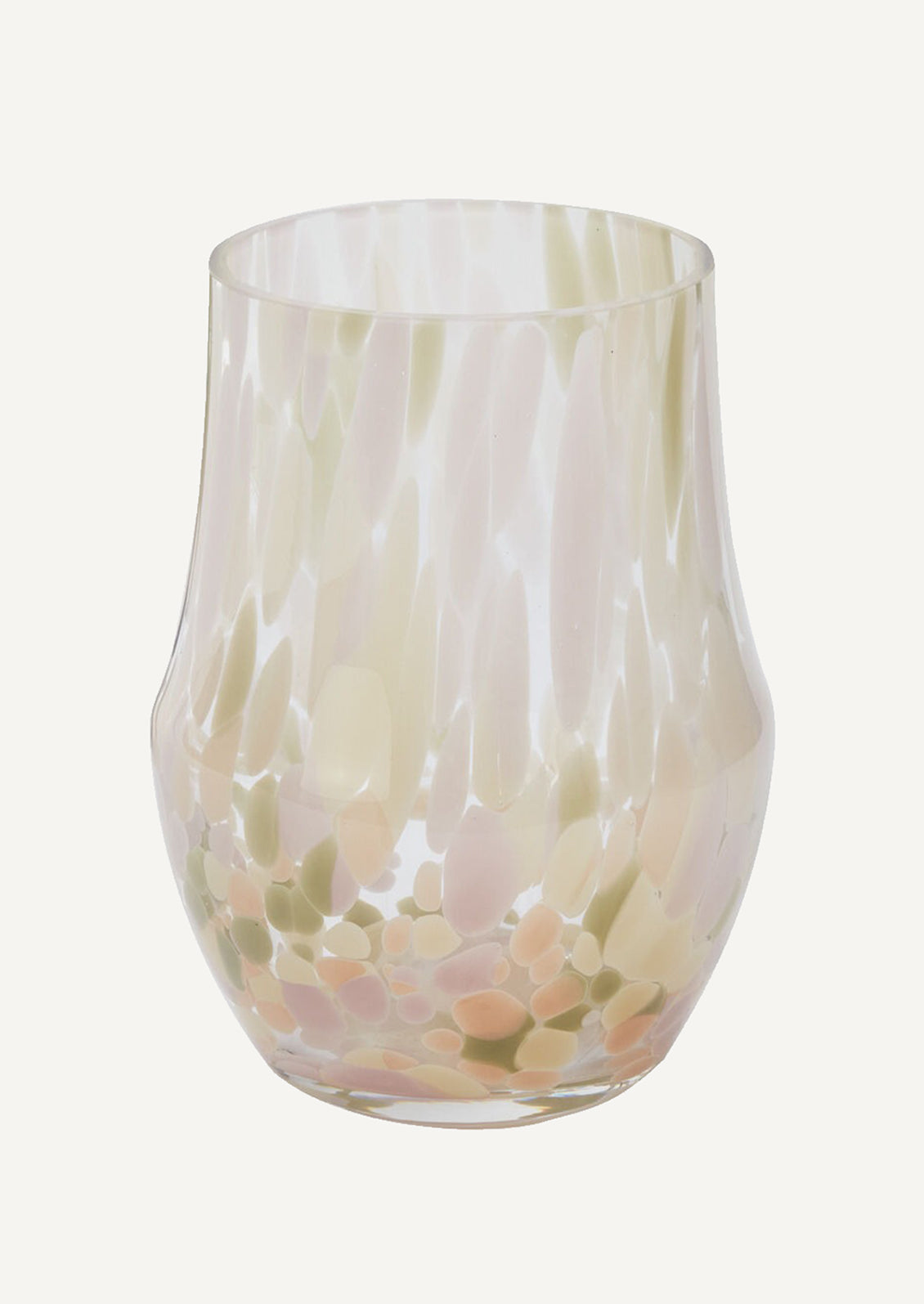 A glass vase with softly angular form, multicolor pastel speckles throughout.