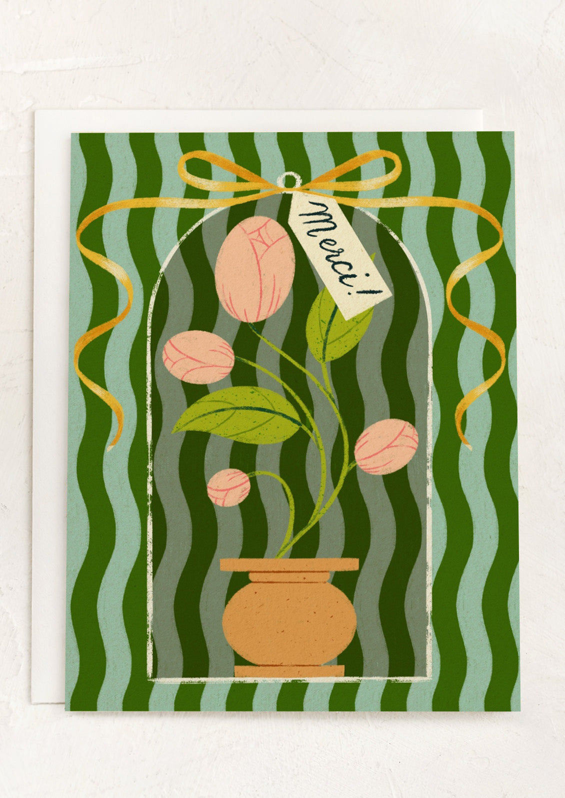 A wavy stripe print card with image of flowers in pot, text reads "Merci!".