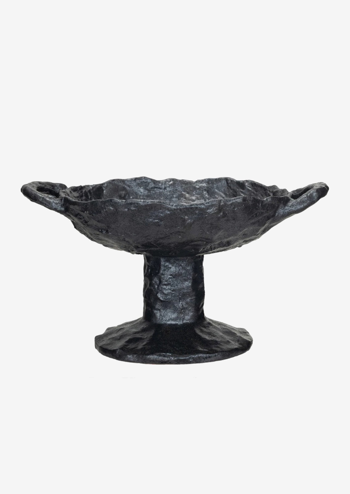 A footed ceramic bowl  in black with side handles at top.