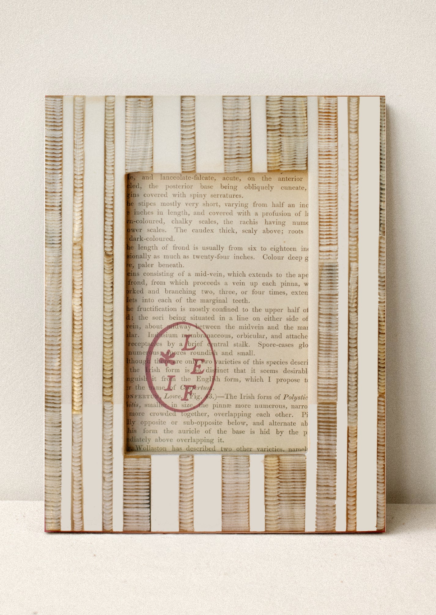 A picture frame in cream with carved textured beige vertical stripes.