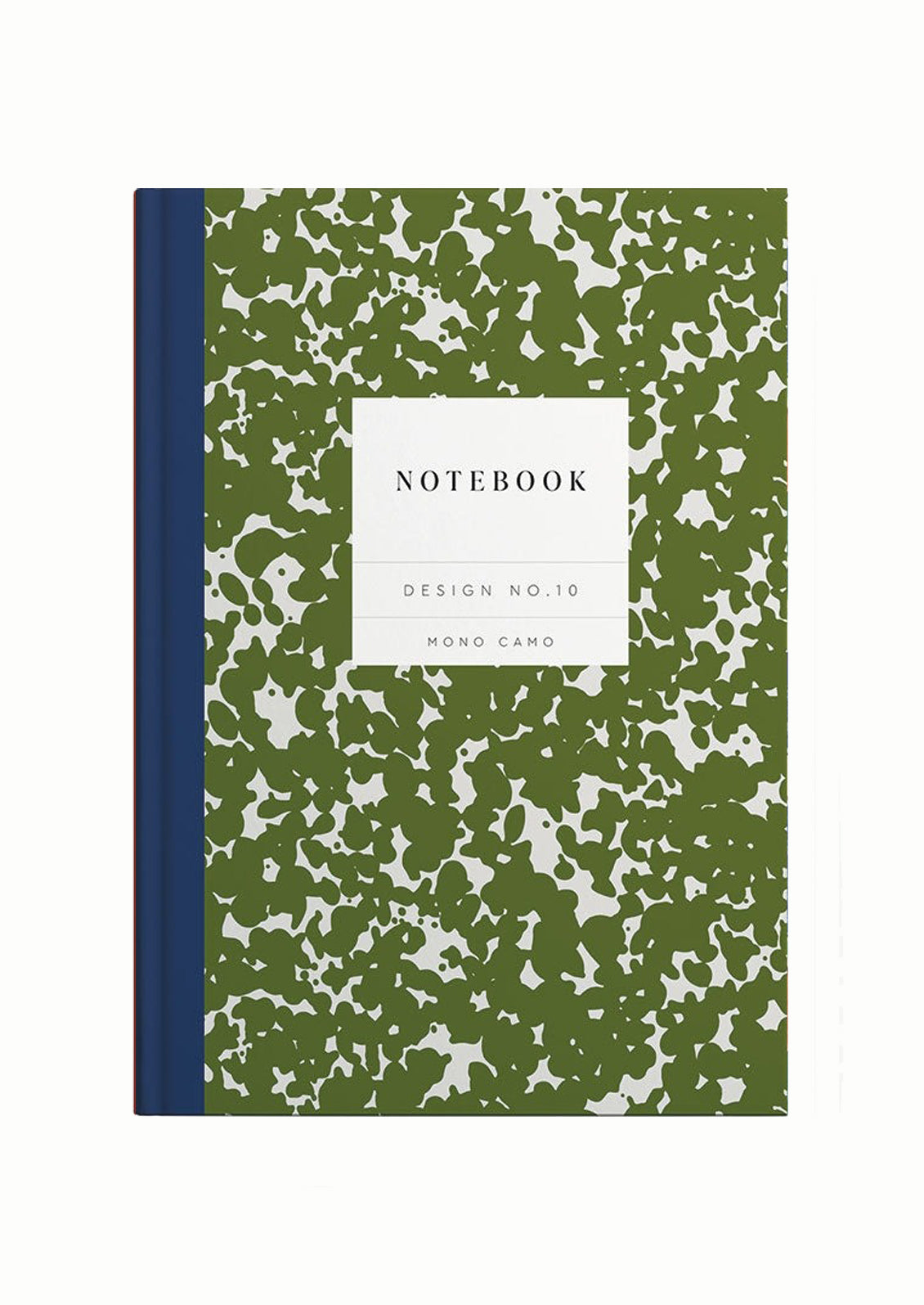 A hardcover notebook with navy blue spine and olive green camo print cover.