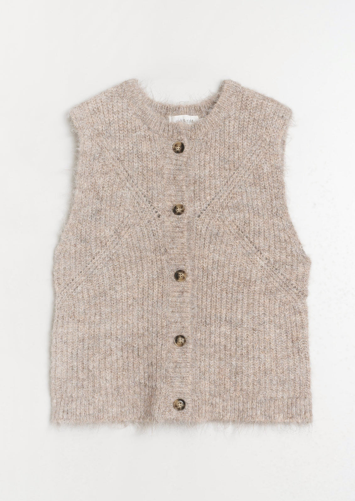 A sleeveless button front sweater vest in taupe.