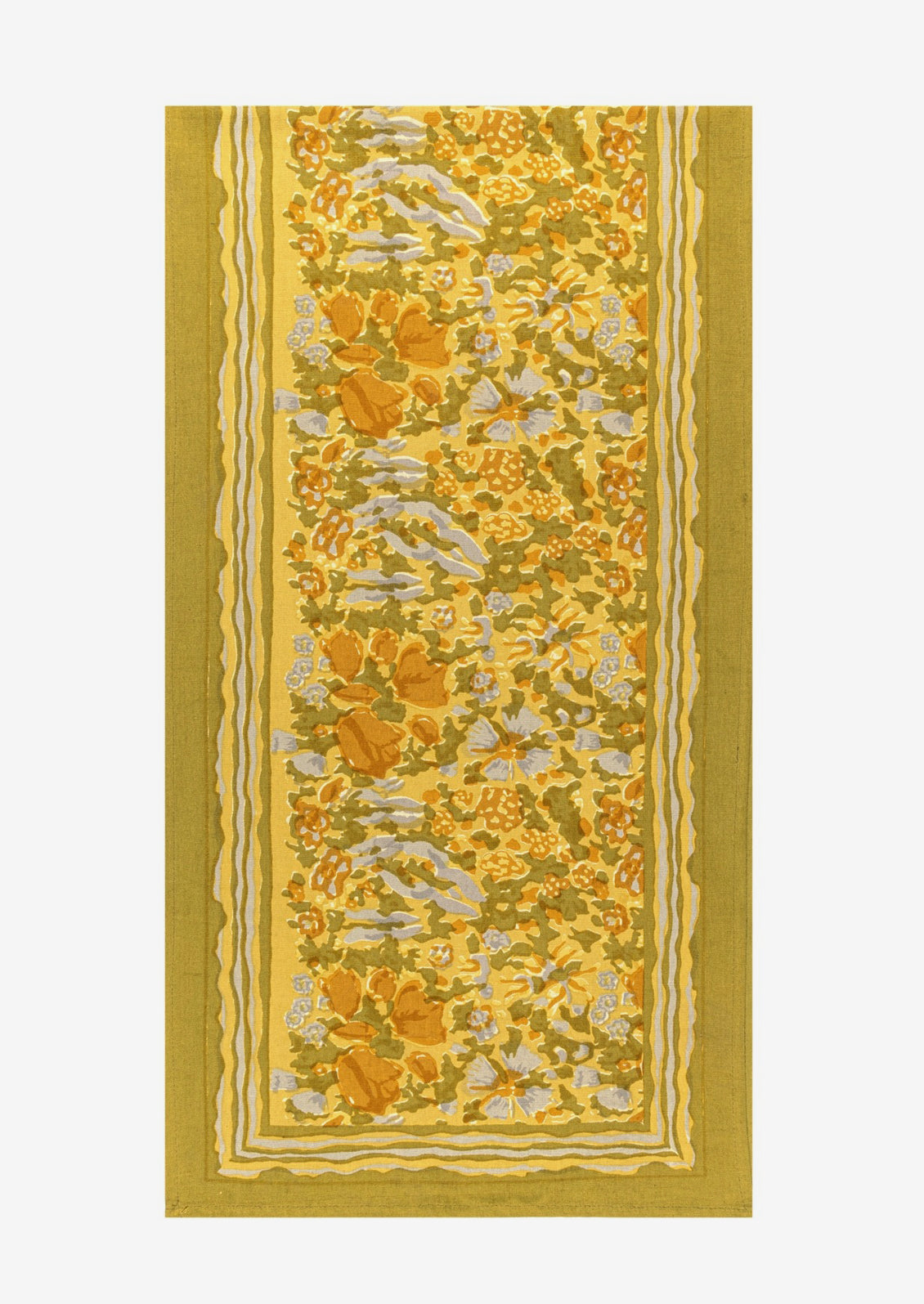 A mustard floral print table runner.