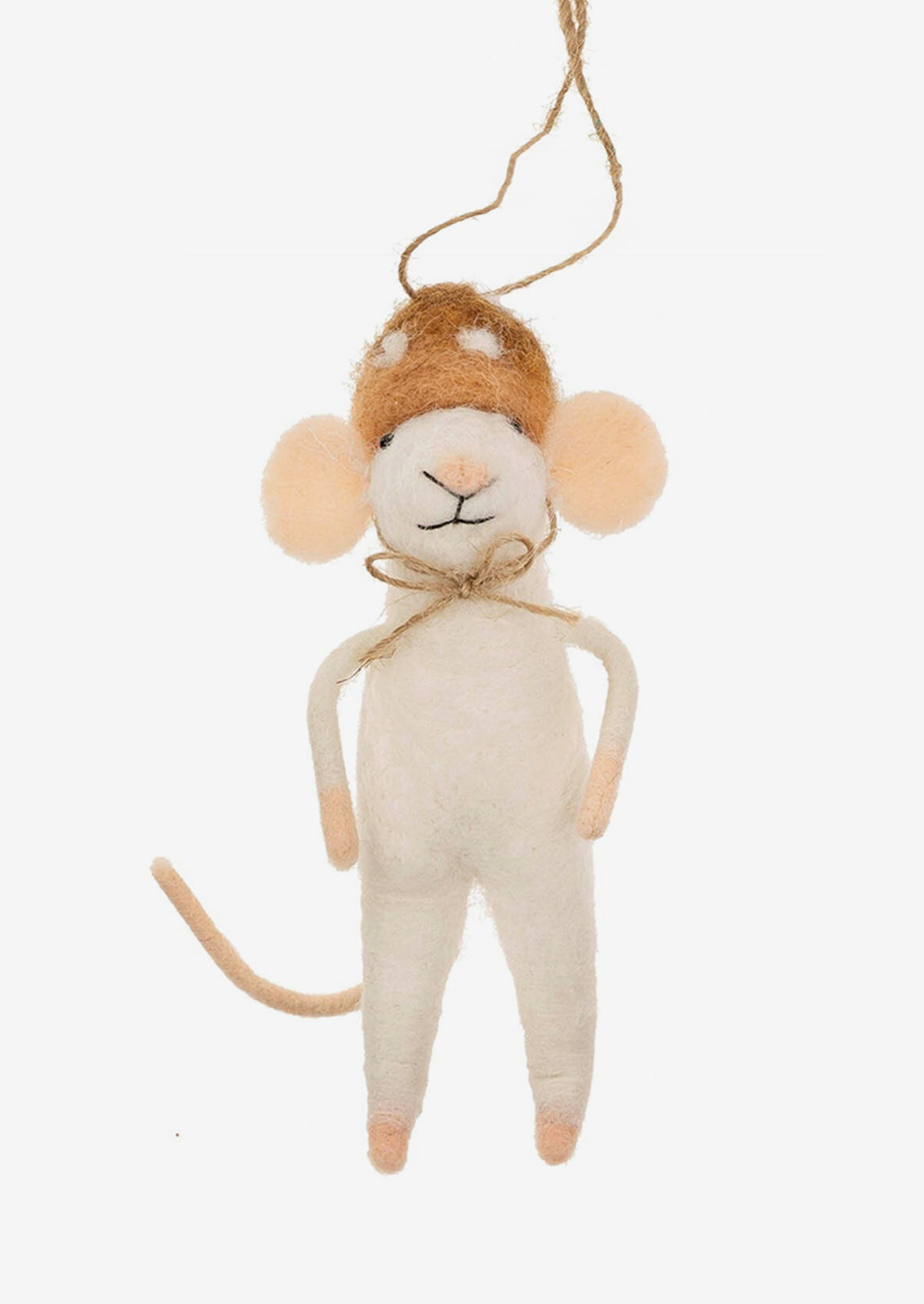 A felted white mouse ornament wearing brown mushroom hat.