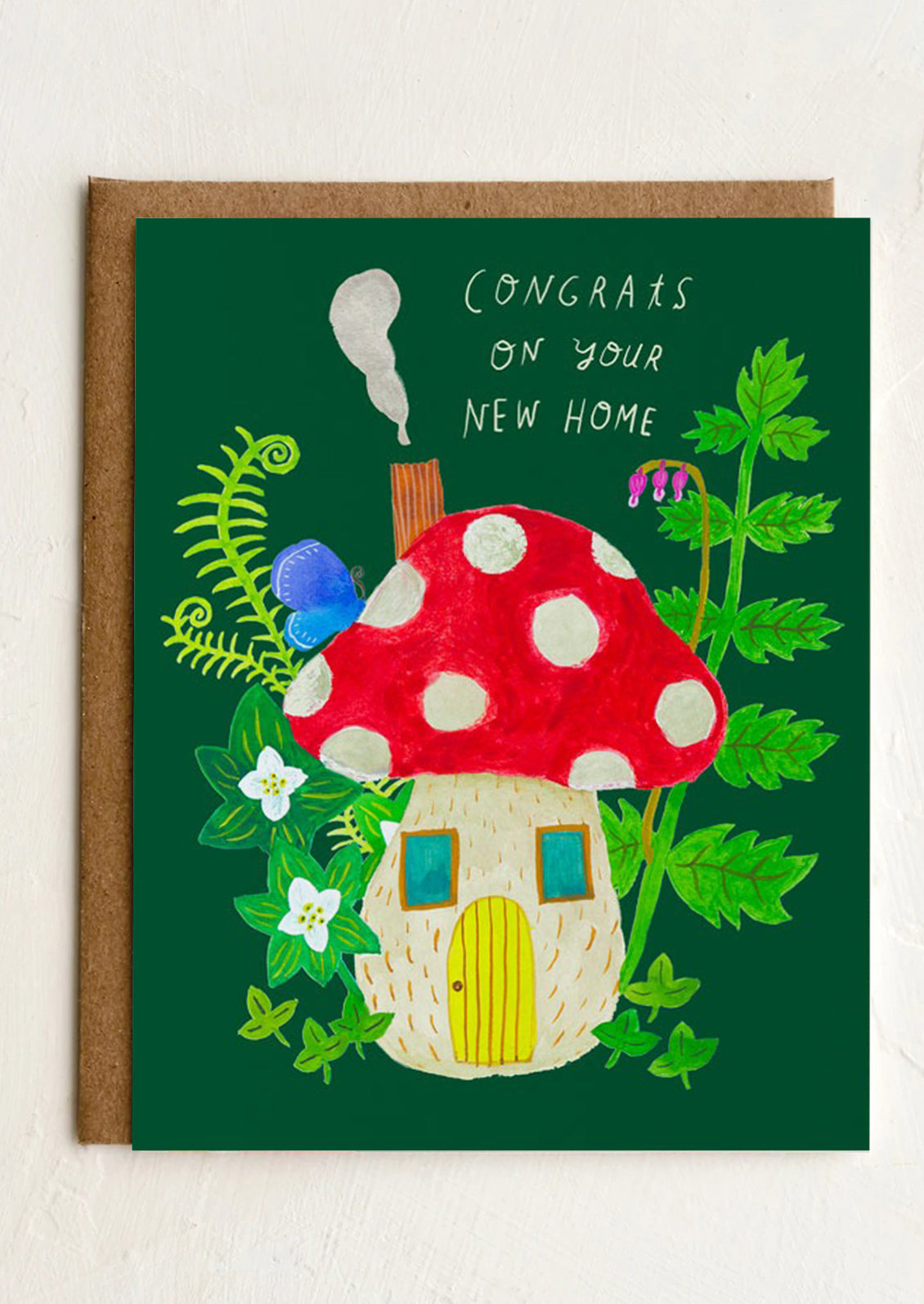 A mushroom illustrated card, text reads "Congrats on your new home".