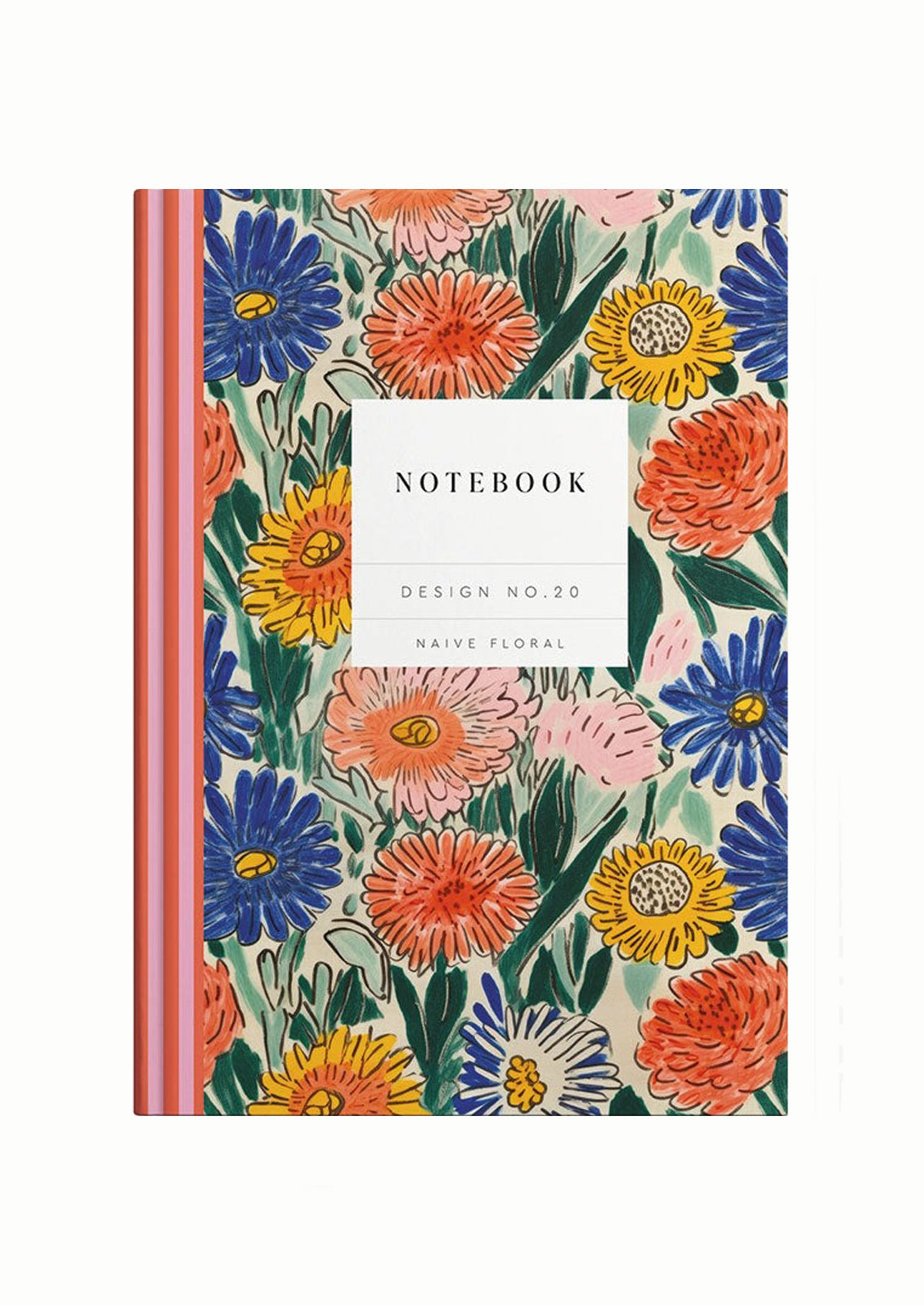 A hardcover notebook with striped spine and floral print cover.