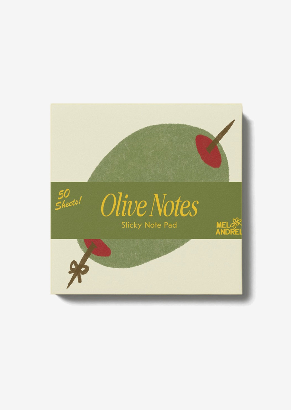 A stack of sticky notes with printed olive theme.