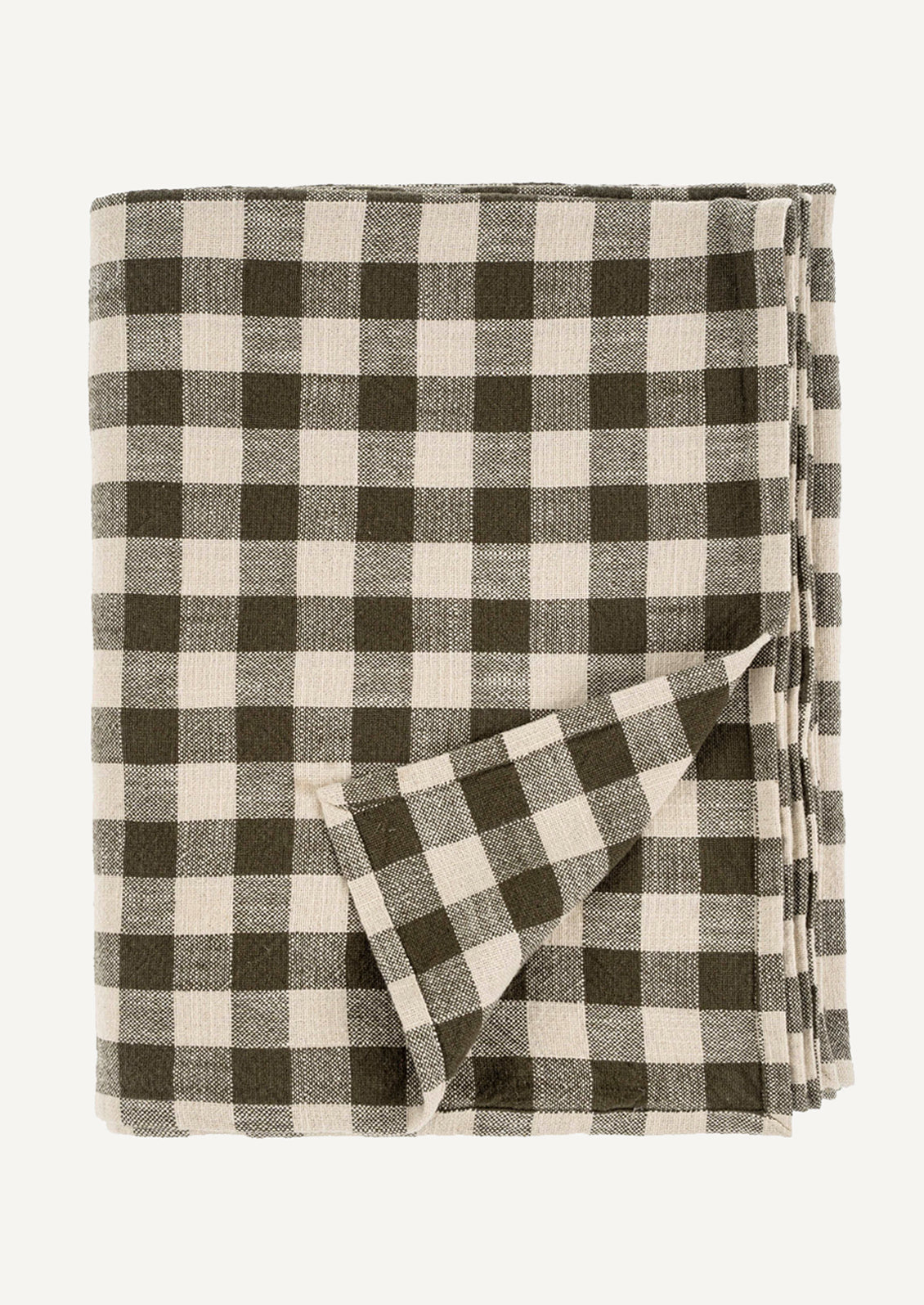 A cotton tablecloth in olive and cream gingham.