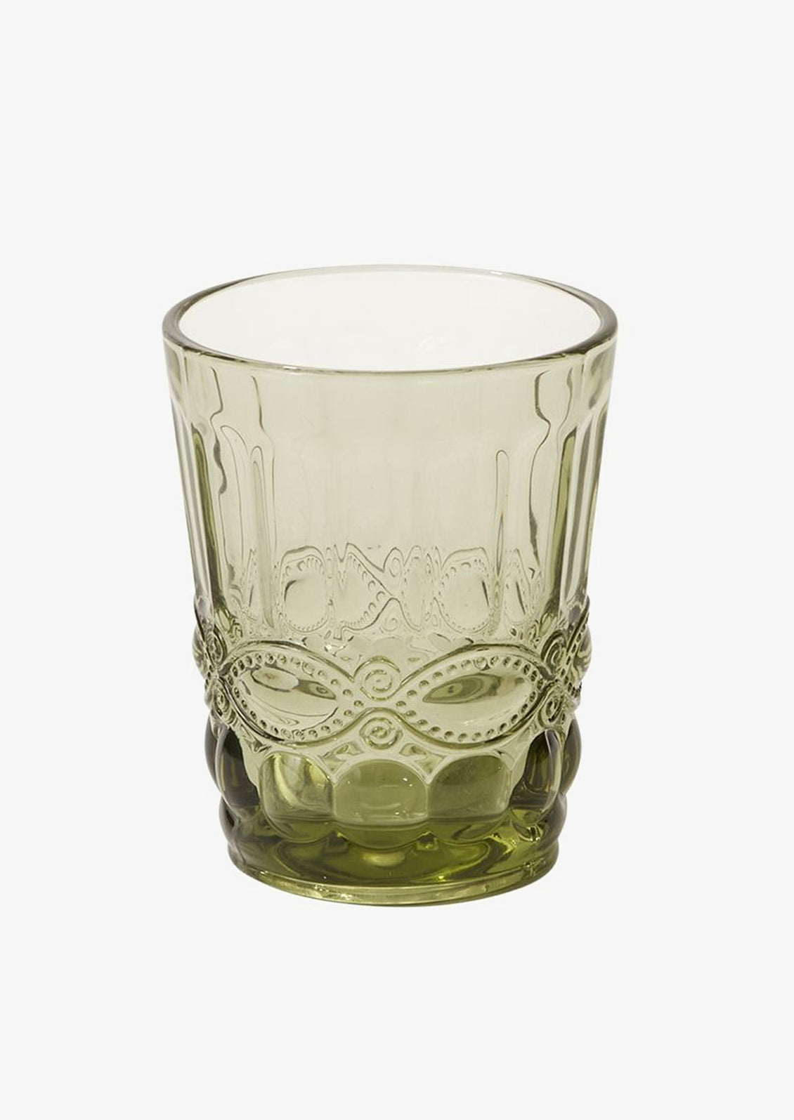 An olive green glass cup with vintage style embossed design.