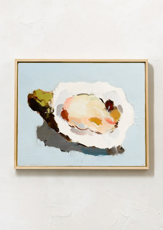 An original oyster still life painting on blue background, framed in slim maple floater frame.